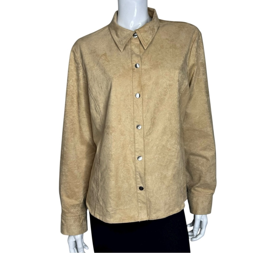 Liz Claiborne Faux Suede Tan Long Sleeve Snap Button Down Shirt
